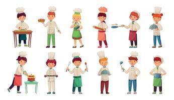 dessin animé les enfants cuisiniers, garçon et fille dans blanc costume et chapeau vecteur