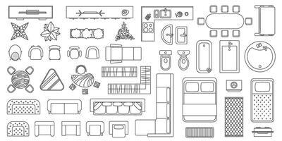 maison sol plan meubles Haut vue ligne Icônes. appartement intérieur plan carte éléments. tableau, des places, canapé, une baignoire et toilette vecteur ensemble