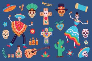 journée de mort éléments. squelette personnages dans mexicain vêtements, sucre crâne, sombrero, cactus et Tequila. dia de los muertos fête vecteur ensemble