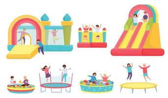 les enfants sauter sur trampolines. dessin animé garçons et les filles dans plein d'entrain Château et gonflable trampoline. des gamins dans doux bassin avec des balles vecteur ensemble
