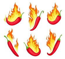 le Chili sur Feu. dessin animé chaud rouge poivrons avec flammes. épicé nourriture icône, emblème pour mexicain sauce ou restaurant. Chili poivre étiquette vecteur ensemble