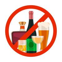 non de l'alcool icône. alcoolique boisson interdiction signe avec dessin animé Bière verre, du vin et whisky bouteille dans rouge cercle. interdire boisson vecteur symbole