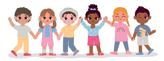 dessin animé Jardin d'enfants multiculturel enfant copains tenir mains. content les enfants diverse grouper. multiracial garçon et fille personnages vecteur concept