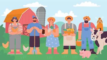 Les agriculteurs équipe. dessin animé agricole homme et femme avec Frais produit et ferme animaux. rural paysage et agriculture ouvriers vecteur concept