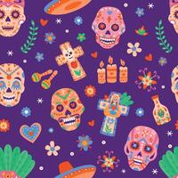 journée de mort sans couture modèle. dia de los muertos sucre crânes et fleurs. mexicain Halloween Festival avec squelettes têtes plat vecteur impression