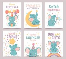 garderie l'éléphant affiches. mignonne animaux célébrer anniversaire avec cadeau boîte et des ballons, séance sur lune, contagieux étoiles vecteur