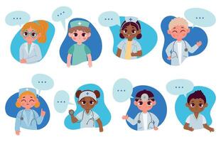 des gamins médecins personnages avec discours bulle, médical santé Info. dessin animé les enfants infirmière, dentiste, médecin parler à propos soins de santé vecteur ensemble