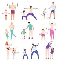 Parents et les enfants Faire sport. père et fils jouer football, mère et fille faire aptitude exercer. famille physique activité vecteur ensemble