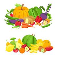 des légumes et des fruits groupes. biologique Frais aliments. Naturel ferme vert des produits. dessin animé tropical fruit pour jus. en bonne santé régime vecteur concept