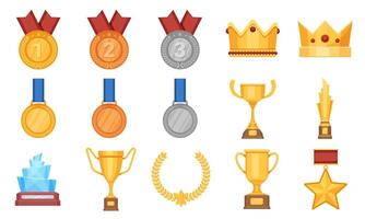 trophées et médailles. prix prix plat icône, olympique or, argent et bronze médaille avec ruban. gagnant tasse, verre récompense et couronne vecteur ensemble
