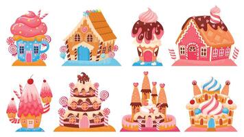 dessin animé fantaisie bonbons Maisons et Fée conte sucré châteaux. pays de rêve gâteau bâtiments. chocolat, pain d'épice et la glace crème maison vecteur ensemble