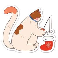 mignonne dessin animé graisse somnolent chat avec Noël chaussette vecteur