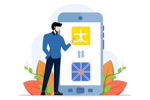 concept de écoute et Parlant dans Anglais. personnage en train d'étudier Anglais illustration. étudiant en train d'étudier avec téléphone intelligent, livres et en train de lire pratique, en ligne éducation concept. vecteur illustration.