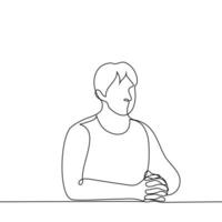Masculin étudiant franchi les doigts séance à le table - un ligne dessin vecteur. concept attentif ou obéissant auditeur ou étudiant vecteur