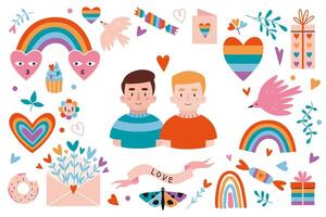 aimant gay couple et divers lgbt romantique objets autour, dessin animé style. concept de homosexuel l'amour. branché vecteur illustration isolé sur blanc, main dessiné, plat