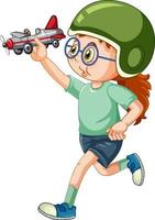 une fille portant un casque jouant au jouet d'avion vecteur