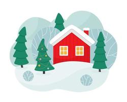 scène d'hiver avec une maison rouge, des arbres et un sapin de noël. chalet rouge dans les collines enneigées. joyeux Noël. vecteur