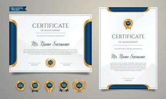 certificat de diplôme bleu et or avec badge et modèle de bordure a4 pour récompense, affaires et éducation vecteur