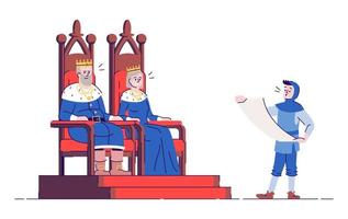 souverains du royaume médiéval sur les trônes et illustration vectorielle plate du messager royal. roi, reine et héraut des personnages de dessins animés isolés avec des éléments de contour sur fond blanc. moyen Âge