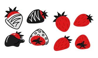 ensemble de plat des illustrations de des fraises dans Chocolat et sans, fabriqué dans rouge et noir couleurs. Frais baie. vecteur graphique. la Saint-Valentin journée isolé sucré baies de différent côtés dans différent