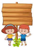 Planche de bois avec deux enfants vecteur