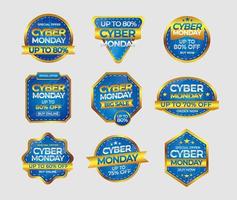 collection de badges du cyber lundi en bleu doré de luxe vecteur