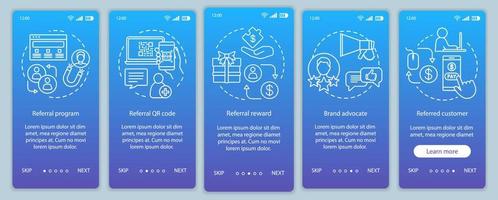 outils de marketing de référence intégrant l'écran de la page de l'application mobile avec des concepts linéaires. instructions graphiques en cinq étapes. attraction client, fidélisation. modèle vectoriel ux, ui, gui avec illustrations