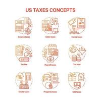 nous taxes ensemble d'icônes de concept rouge. taux de pourcentage d'imposition idées fines illustrations en ligne. revenu, ventes, accises, propriété, paie, droits de succession. charge financière. dessins de contour isolés vectoriels vecteur