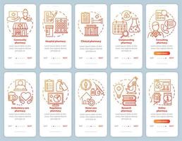 types de pharmacies et services d'intégration du modèle vectoriel d'écran de page d'application mobile. pharmacologie hospitalière. Procédure pas à pas du site Web avec des illustrations linéaires. ensemble de concepts d'interface pour smartphone ux, ui, gui