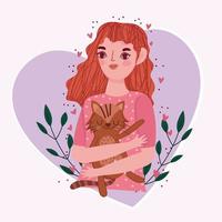 fille de beauté avec chat en coeur avec dessin animé de feuilles, concept d'animal de compagnie vecteur