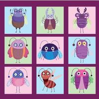 bugs drôles petits animaux sur le jeu d'icônes de blocs de couleur vecteur