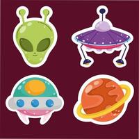 space planet alien ufo vaisseau spatial aventure autocollant cartoon icons set vecteur