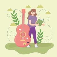 fille avec guitare et livre vecteur