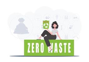 une femme est assis et détient une poubelle pouvez dans sa main. le concept de écologie et recyclage. vecteur illustration plat branché style.