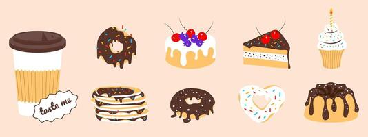 ensemble de bonbons dans plat style. Donut, crêpe, pièce de gâteau, gâteau, verre de café et autre bonbons. vecteur illustration, minimalisme.