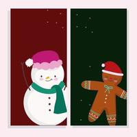 joyeux noël bannières décoratives avec bonhomme de neige et bonhomme en pain d'épice vecteur