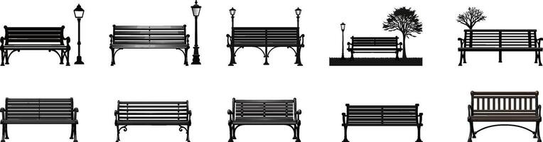 banc ensemble. jardin bancs icône meubles silhouette signe collection. vecteur