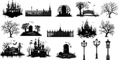 ensemble d'icônes et de personnages noirs de silhouettes d'halloween. illustration vectorielle. isolé sur fond blanc. vecteur