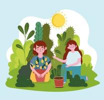 garçon et fille avec des plantes vecteur