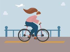 Jeune moderne femme équitation vélo sur route. content cycliste sur bicyclette dans la nature. respectueux de la nature transport concept. coloré plat vecteur illustration isolé sur bleu Contexte