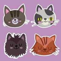animaux de compagnie icônes définies chats félin mascotte animal, visages animaux cartoon vecteur