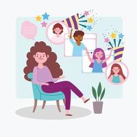 fête virtuelle, femme sur une chaise, célébration des gens par internet vecteur