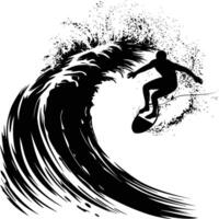 ai généré silhouette le surf sur le vague à le plage noir Couleur seulement vecteur