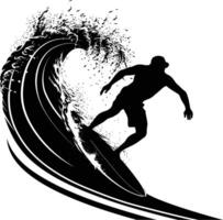 ai généré silhouette le surf sur le vague à le plage noir Couleur seulement vecteur