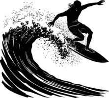 ai généré silhouette le surf sur le vague à le plage noir Couleur seulement vecteur