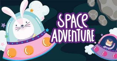 chat de lapin astronaute de l'espace dans l'aventure du vaisseau spatial explorer le dessin animé vecteur