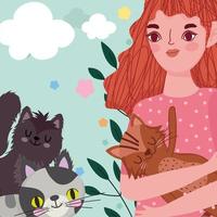 fille de beauté transportant des animaux de dessin animé chat et chatons vecteur