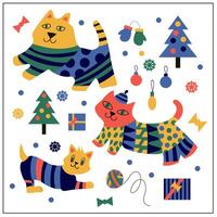 une Nouveau années, marrant Sam avec famille chats dans carnaval costumes, Noël balle, cadeaux et une Noël arbre avec géométrique ornement. rayures, cercles, texture. vecteur