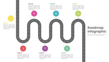 feuille de route infographie modèle conception avec sept pas et Icônes vecteur