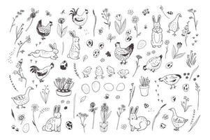 Pâques œufs, lapins, poulet, fleurs printemps vecteur ligne des illustrations ensemble.